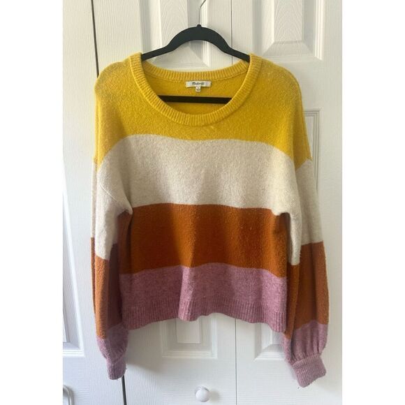 Madewell Striped Gladwell Balloon-Sleeve Pullover Sweater / SMALL / HEATHER MULB - Picture 3 of 5